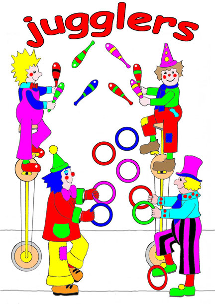 Jugglers with hoops and clubs Jugglers with hoops and clubs